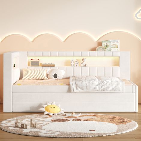 Lit banquette 90x200cm - convertible + LED + USB + 3 tiroirs - bois - blanc (1/5)