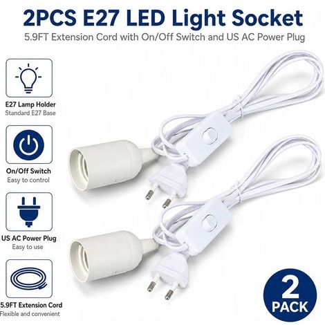 Set mit 2 E27 LED-Lampenfassungen, 1,8 m langem Verlängerungskabel mit Ein-/Ausschalter und US-Netzsteckern, Pendelleuchte geeignet für Küche und Schlafzimmer (weiß) (1/5)