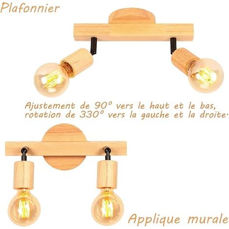 Applique Murale Interieur E27 Lampe Murale Bois, Tête de lampe Orientable et pivotante Lampe de Mur, Luminaires Intérieur pour Salon Chambre à coucher Bureau (1/4)