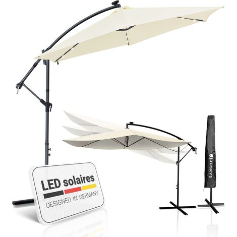 Juskys – Parasol déporté 350 cm gris crème – éclairage LED solaire – manivelle – protection UV – revêtement déperlant – base en croix en acier (1/5)