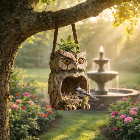 Hängender Vogelfutterspender in Form einer Waldohreule Rustikaler Vogelfutterspender aus Kunstharz mit Holzstruktur für die Gartendekoration für (1/5)