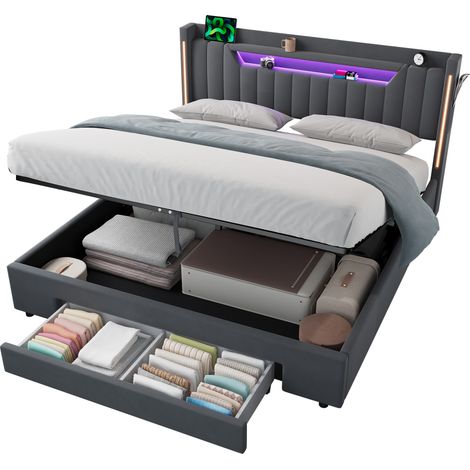 Lit 160x200 cm avec rangement hydraulique, tête de lit réglable en hauteur, velours gris foncé et éclairage LED, cadre double sans matelas pour chambre – CHICFURN (1/5)