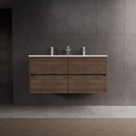 Inda - Badezimmerschrank 4 Schubladen L.120 mit doppeltem Hochglanzwaschbecken / Braune Eiche - Diamante (1/5)