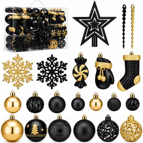 Set di 128 palline di Natale infrangibili Soledi nere e oro per albero di Natale. (1/5)