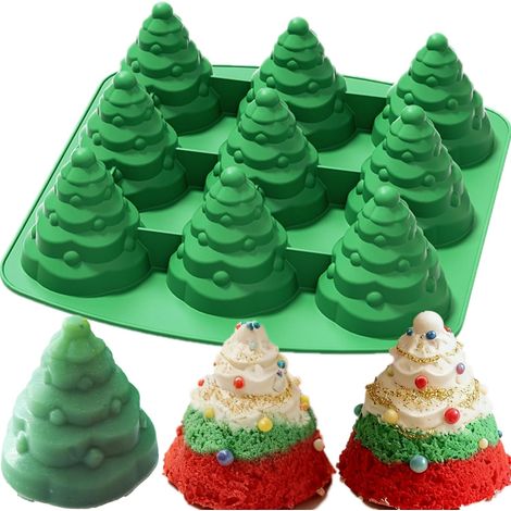 1 Stück 3D-Weihnachtsbaum-Silikonform, DIY-Weihnachtsbaum-Bratpfannen-Silikonform, Weihnachtskuchenform, für Mousse-Kuchen, Muffins, Eiswürfel, Gelee, Schokolade, Kerzen, Heimdekoration (grün).