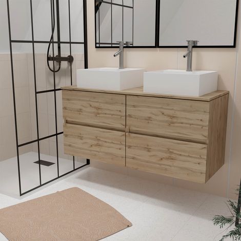 Mobile Bagno 120cm 4 Cassetti Rovere Naturale + 2 Lavabi Quadrati 41x41x15cm Ceramica Bianca (1/4)