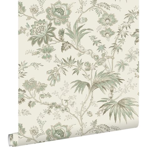 Papier peint à motif fleurs vintage beige crème vert grisé – Papier peint intissé écologique – Dimensions 53cm x 10,05m – Raccord sauté 26,5cm – Estahome (1/5)