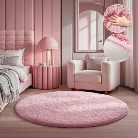 Tapis Moderne Style Bohème Diamètre 140cm Fibre Recyclée Résistante aux Taches Idéal Canapé Lit Espace Détente Rose Doux (1/5)