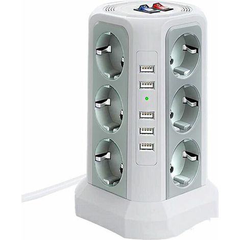 Multiprise tour parafoudre 12 prises CA et 5 ports USB – Protection 1500 J – 2 m câble – 3 interrupteurs indépendants – Blanc et gris argenté (1/4)