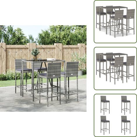 Ensemble de bar de jardin 5 pcs avec coussins gris poly rotin - Ensemble Salon De Jardin - Mobilier De Jardin - Set De Bar Extérieur - Table Et Chaises De Jardin - Chaise De Bar (1/5)