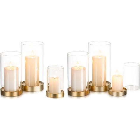 Porte-Bougies Ouragan en Verre : Set of 6 Gold Candle Holders for Pillar Candles Metal Candle Holder with Glass Cylinder Pillar Candle Holders for Living Room Table Centrepiece Wedding (1/5)
