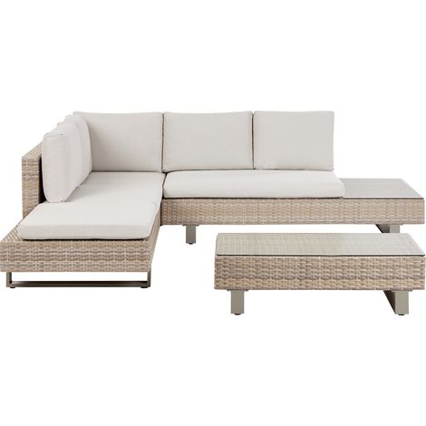 Conjunto de jardín 5 plazas de ratán sintético sofá con mesa de centro cojines blanco crema Lanciano (1/5)