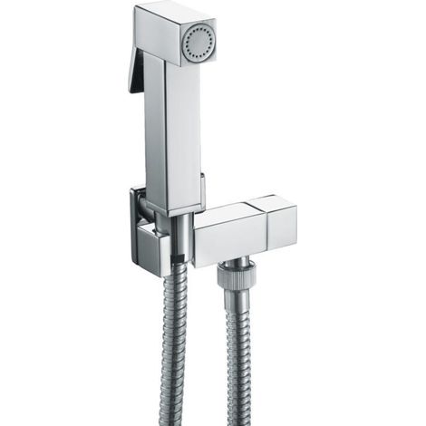 Bagnoclic – Douchette à main en laiton carré – Kit complet hygiène bidet avec robinet et flexible 120 cm ultra-résistant – Connexion murale standard 1/2