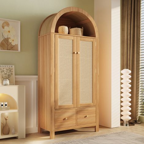 Armoire 181x78x45 cm avec 2 tiroirs, 2 portes magnétiques, étagère, tringle et rotin, décor chêne (1/5)