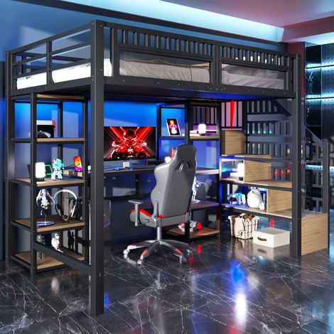 Lit mezzanine 140 x 200 cm en métal et MDF noir avec bureau, échelle de rangement, étagères, LED et ports USB, sans matelas, idéal pour chambre enfant – de FLORAGRACE (1/5)