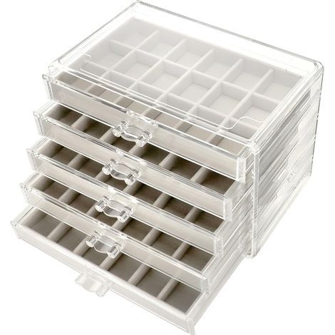 Boîte à bijoux en acrylique, avec 5 tiroirs, organisateur de bijoux, rangement transparent pour bijoux, gris (1/5)