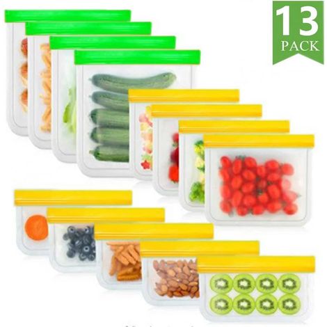 Sacs de conservation réutilisables en silicone pour fruits et légumes, sacs frais, sacs de congélation hermétiques, sacs alimentaires étanches avec fermeture éclair, lot de 13. (1/5)