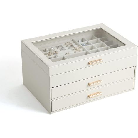 Boîte à bijoux à trois niveaux pour femmes avec couvercle en verre, grande capacité pour colliers, bracelets et autres bijoux. (1/5)