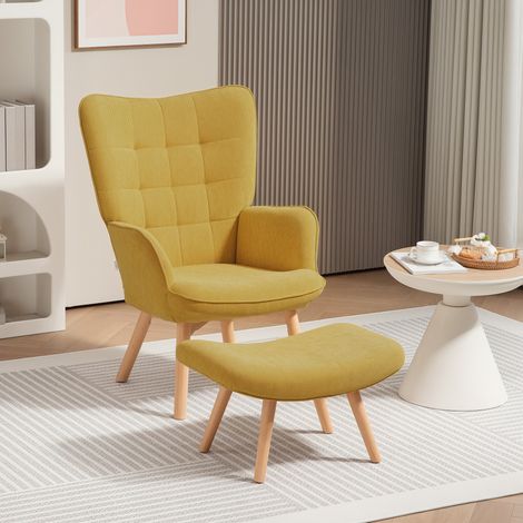 Fauteuil d'appoint avec repose-pieds, fauteuil inclinable aspect velours côtelé, fauteuil à pieds en bois, pour salon, orange (1/4)