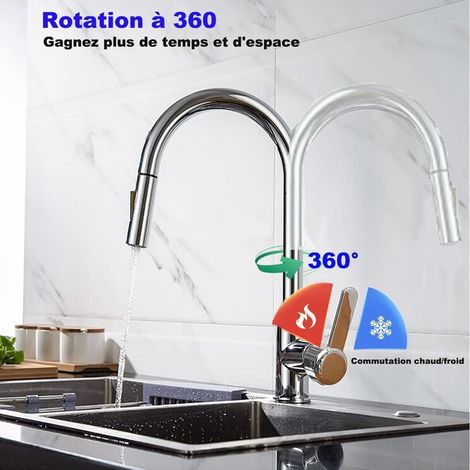Mitigeur de Cuisine Extractible Robinet d'Évier Pivotant à 360° avec Douchette 2 Jets d'Eau Eau Chaude et Froide en Acier Inoxydable pour Cuisine (1/5)