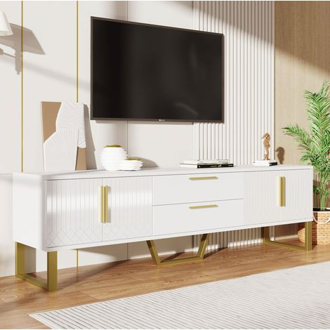 Mueble TV alto brillo blanco de 170 x 40 x 53,5 cm con 4 puertas, estantes interiores, orificios para cables y detalles dorados en MDF para salón – CHICFURN (1/5)