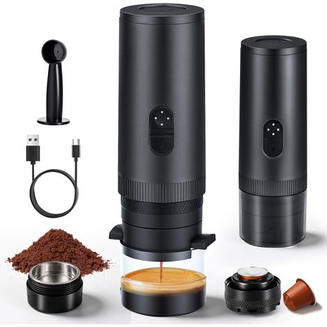 Machine à expresso électrique, mini machine à café portable compatible avec capsules de café et café moulu, chauffage instantané, idéale pour le camping et les voyages en voiture, Noir (1/5)