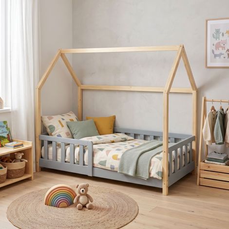 Hausbett Hesel mit Rausfallschutz 80x160 cm Grau/Natur [en.casa] (1/5)