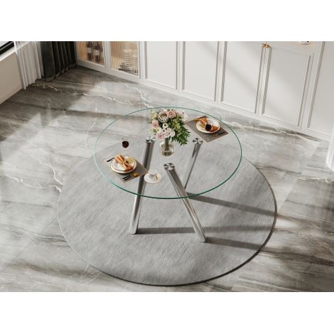 Runder Esstisch Glas 89 cm, Glasesstisch rund aus gehärtetem Glas, Esszimmertisch rund Glas mit silbernen Metallbeinen