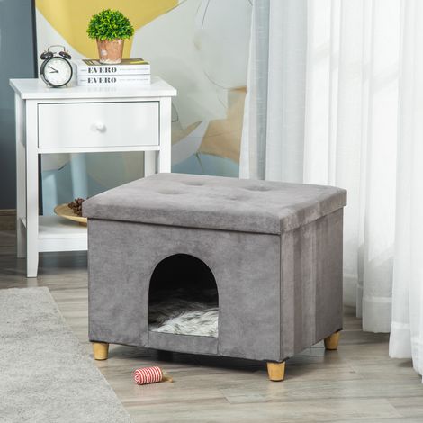 Katzenhaus-Pouf-Fußhocker mit abnehmbarem und waschbarem Kissen, Fußhocker mit Bett und Füßen, Grau