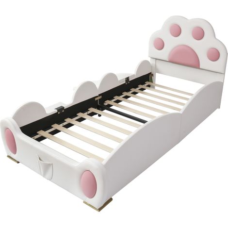 Cama infantil acolchada 90x200 cm en PU rosa y blanco con tobogán y escalera (1/5)