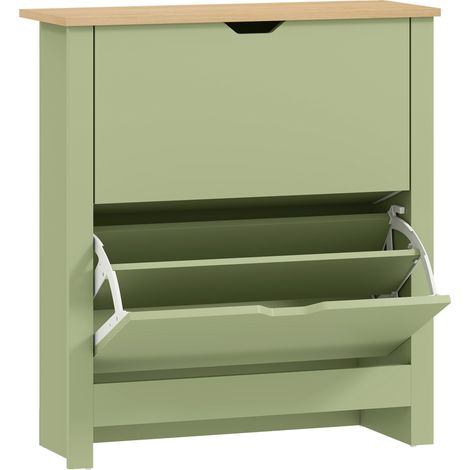 Armoire Ashbourne Rangement Chaussures 12 Paires Design Bois Vert Amande 72x26x80cm
