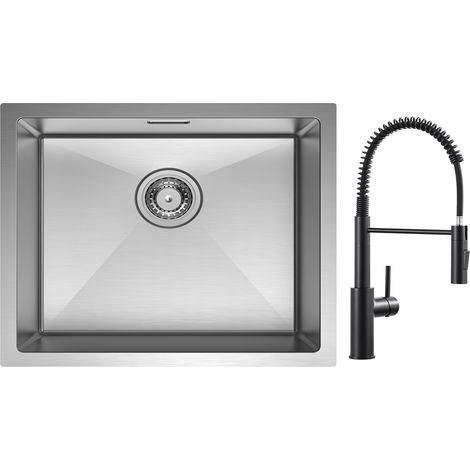 Cecipa Évier 1 Bac 50 x 44cm Évier de Cuisine en Acier Inoxydable Brossé + Mitigeur de Cuisine à Ressort avec Douchette Extractible, Robinet Evier 2 Modes de Sortie D'eau, Noir (1/5)