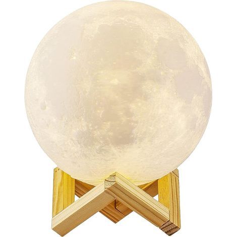 Lampe Lune 3D 15 cm, tactile et à intensité variable, 3 couleurs LED, rechargeable par USB, avec support en bois, idéale pour décorer une chambre d'enfant ou comme cadeau. (1/5)