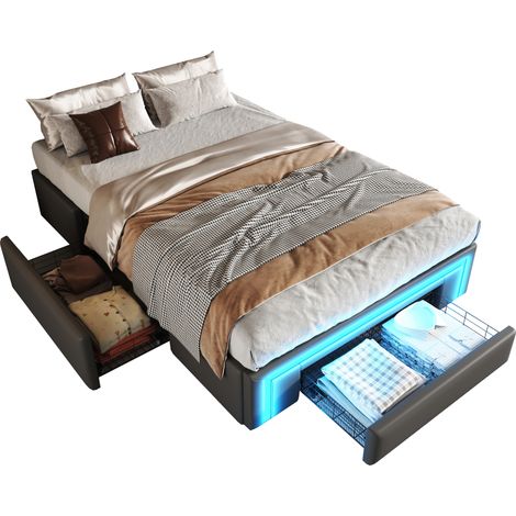 Cadre de lit 90X200 avec tiroirs, lit en cuir PU sans tête de lit avec bande lumineuse LED, lit plateforme à lattes métalliques pour chambre moderne, gris (1/5)