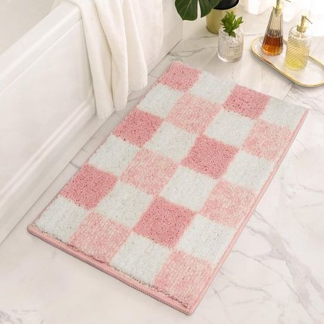 Tapis de bain à carreaux roses, 80x50 cm, en microfibre douce, très absorbant, lavable, antidérapant, convient aux douches et salles de bain. (1/5)