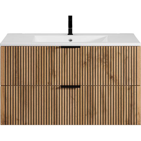 Meuble de salle de bain suspendu strié avec vasque à encastrer et colonne - Naturel clair et noir - 100 cm - MADELA (1/4)