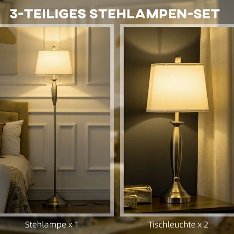 Ensemble luminaire 3 pièces : 1 lampadaire, 2 lampes de bureau, finition lin, 38x38x158 cm, teinte argent et blanc (1/4)
