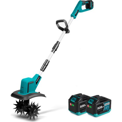 Motocoltivatore elettrico a batteria brushless, 4 lame in acciaio, larghezza di lavoro 20 cm, profondità di lavoro 15 cm, con 2 batterie 928vf e caricabatterie