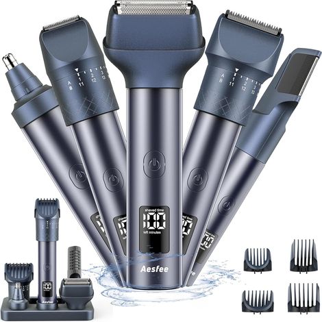 Tondeuse Cheveux, Barbe pour Homme, Professionnelle avec 20 Longueurs de Coupe Réglables, Rasoir électrique Tout-en-un et Corps Nez étanche IPX7 Station Charge USB-C Bleu Foncé - (1/5)