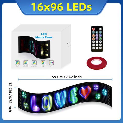 (16x96 LED 12x59CM RF) Panneau matriciel de pixels LED, haute luminosité défilante, contrôle par application Bluetooth. (1/5)