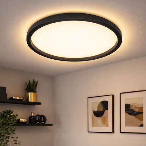 Plafoniera LED nera Lampada da soggiorno rotonda Plafoniera con retroilluminazione, retroilluminazione, 22W 3000Lm bianco caldo, DxH 42,5x3,4 cm