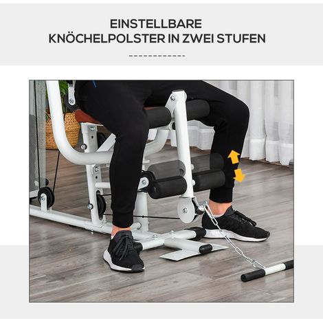 Station de musculation multifonctionnelle pour salle de sport, équipement de fitness complet avec haltères, poulie haute et presse à cuisses, cadre en acier, rembourrage en cuir synthétique, blanc, di (1/5)