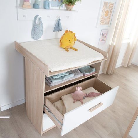 Commode a langer évolutive - ROBA - CABANE - 2 tiroirs - Extension a langer amovible - Chene / Blanc (1/5)