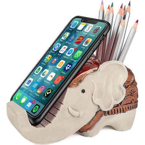 Porte-crayons avec support pour téléphone portable, organisateur de bureau multifonctionnel en résine en forme d'éléphant, accessoire de bureau mignon, cadeau éléphant pour femmes et enfants, décorati (1/5)