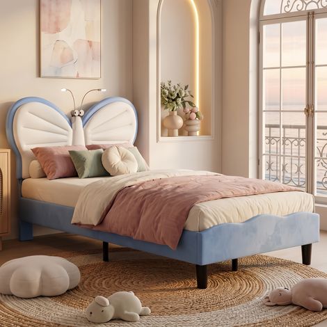 Lit Enfant 90x190 cm avec Tête de Lit Papillon, Sommier à Lattes, 2 Lampes de Lecture et Port USB, Design Mignon pour Fille et Garçon, Bleu (1/5)