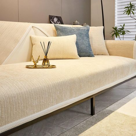 Housse De Canapé - Chenille Rayée Anti-Rayure - Antidérapante Lavable En Machine - Pour Canapé 2/3 Places - Beige - 1 Pièce Avec Coussin Lombaire 30 x 50 cm (1/5)