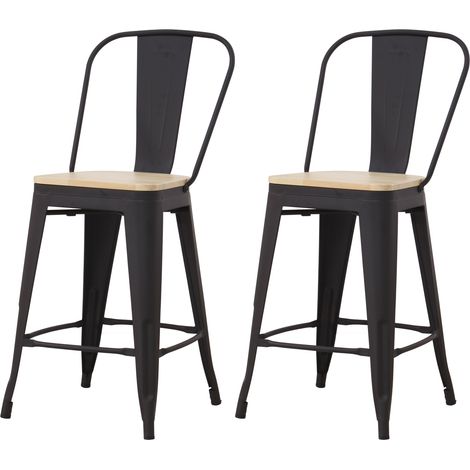 Hobag – Lot de 2 tabourets de bar industriel avec dossier – Assise en bois naturel 64,5 cm – Métal noir – Pour intérieur style loft (1/3)