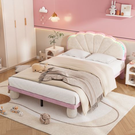 Letto singolo 140x200 cm, con illuminazione LED, testata a forma di conchiglia, piedini rotondi, rete a doghe in legno, letto da principessa capitonné in velluto - Rosa