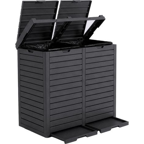 Floordirekt – Poubelle extérieure effet bois 230 L – Résistante aux intempéries – Double système de fermeture – Bac de récupération amovible (1/5)
