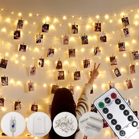 Guirlande photo 10m, 100 LED, 8 modes, USB ou batterie, télécommande, décoration chambre avec 50 clips et 25 clous. (1/5)
